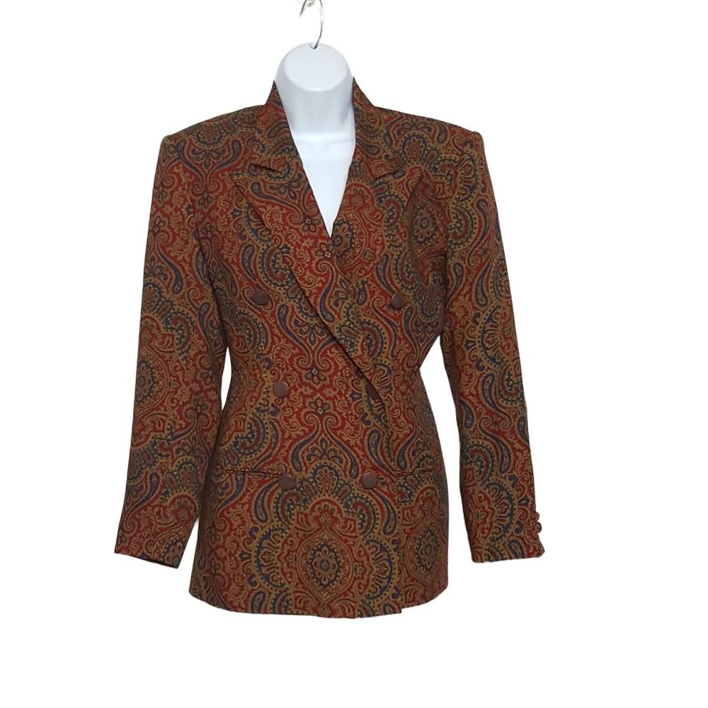 Tahari Womens Blazer XS Wool Double Breasted Lined Red Paisley Vintage 80s
